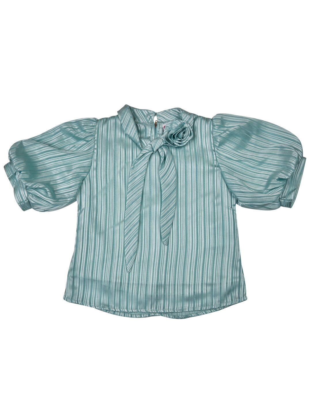 

Peppermint Girls Vertical Striped Tie-Up Neck Puff Sleeves Top, Sea green