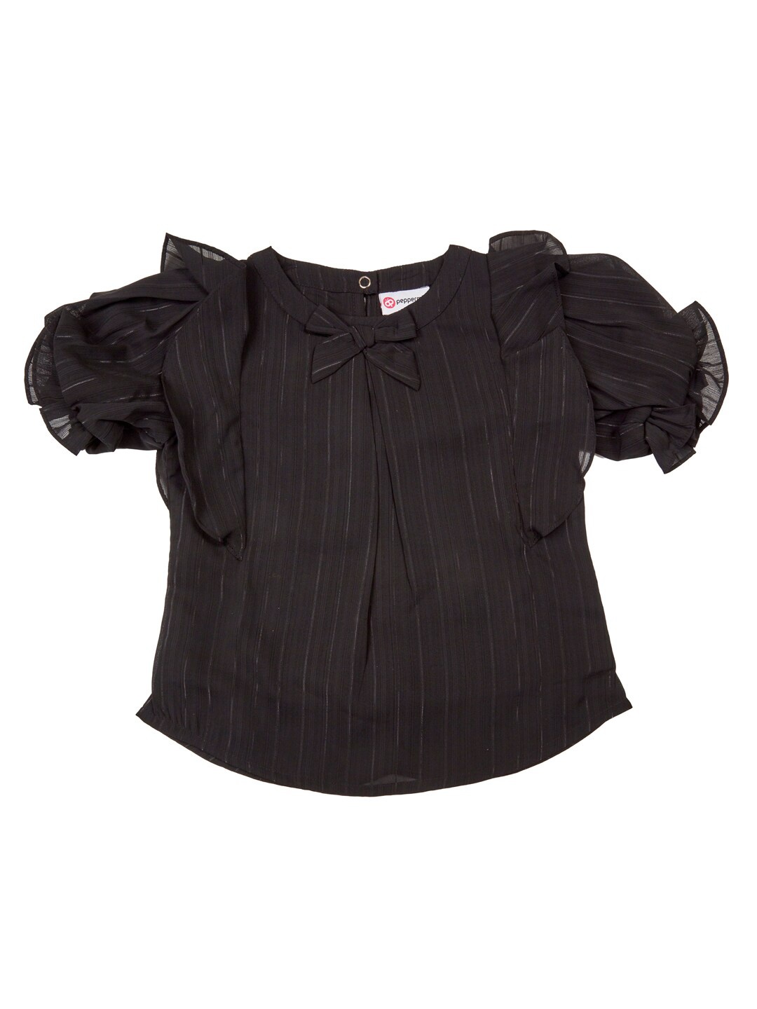 

Peppermint Girls Vertical Striped Tie-Up Neck Puff Sleeves Top, Black