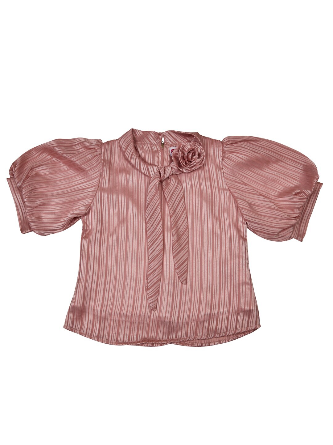 

Peppermint Girls Vertical Striped Tie-Up Neck Puff Sleeves Top, Peach