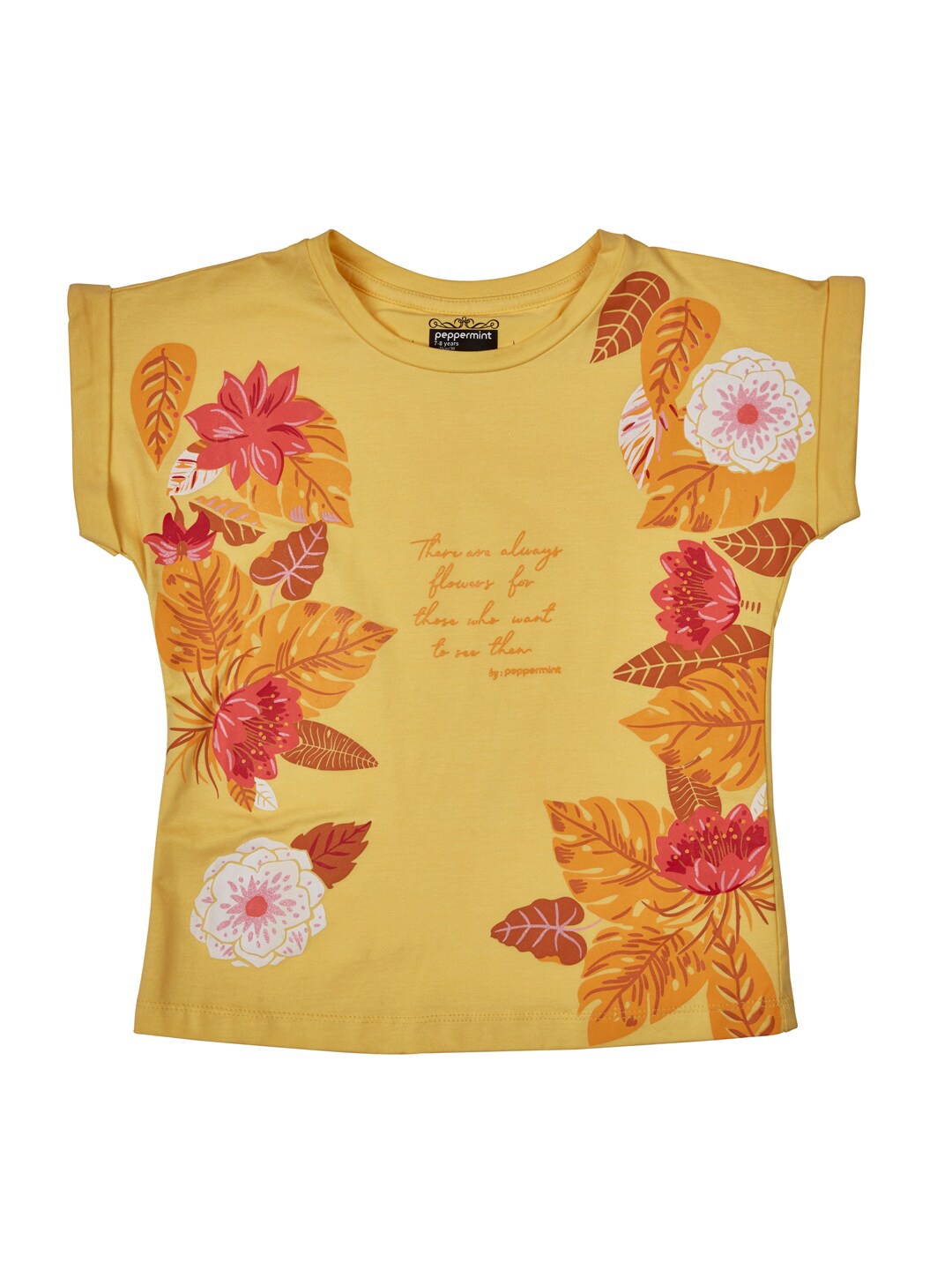 

Peppermint Girls Floral Printed Extended Sleeves T-shirt, Yellow