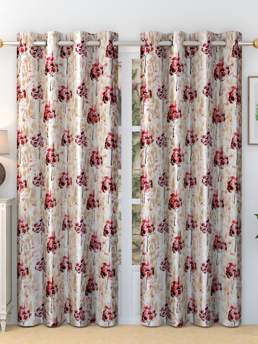 

Ville Style Maroon & White 2 Pieces Floral Room Darkening Long Door Curtains