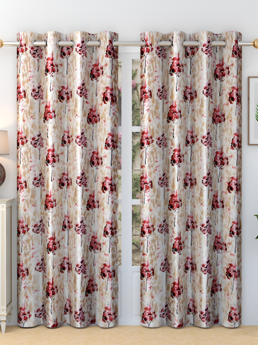 

Ville Style Maroon & White 2 Pieces Floral Room Darkening Long Door Curtains