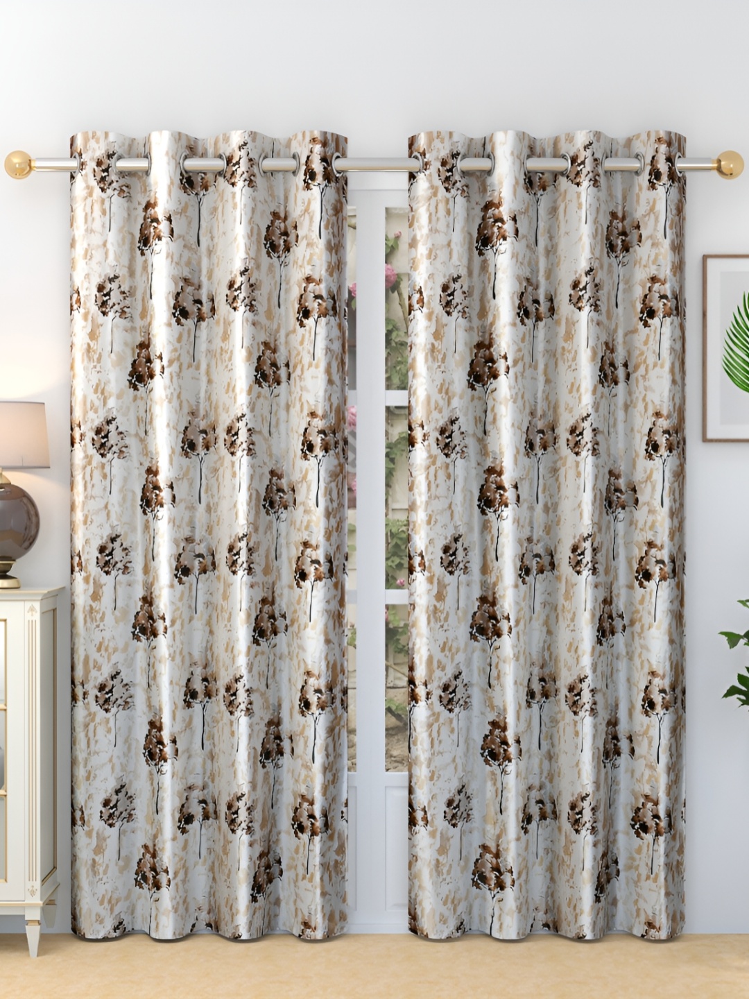 

Ville Style Brown & White 2 Pieces Floral Room Darkening Long Door Curtains