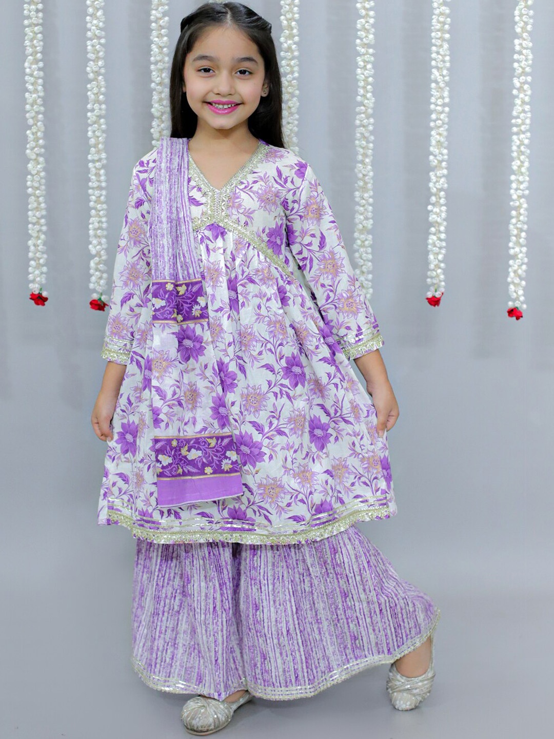 

Ka-mee Girls Floral Printed Pure Cotton Kurta with Sharara & With Dupatta, Purple