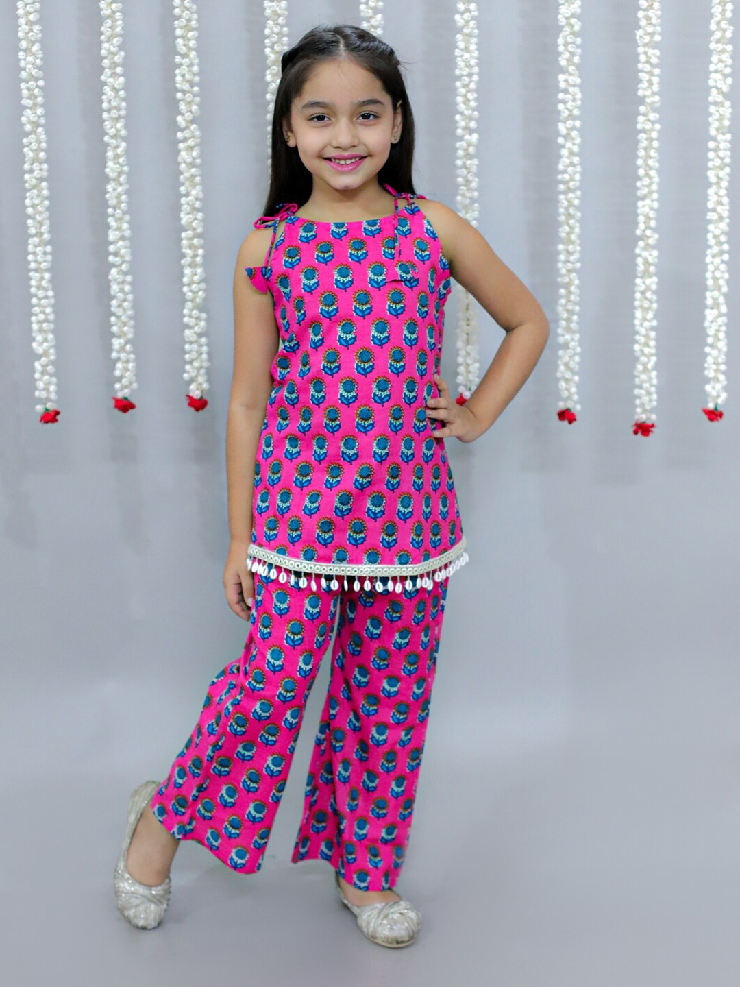 

Ka-mee Girls Floral Printed Sleeveless Pure Cotton Ethnic Tunic Wth Palazzo, Pink