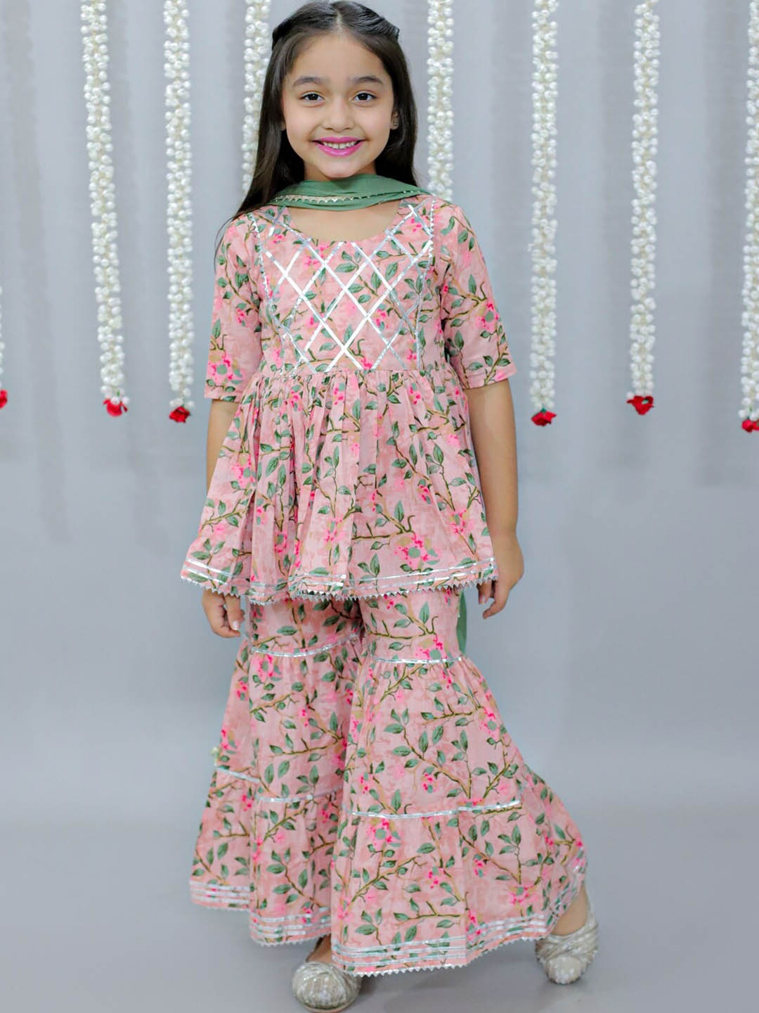 

Ka-mee Girls Floral Printed Gotta Patti Pure Cotton Kurti & Sharara With Dupatta, Pink