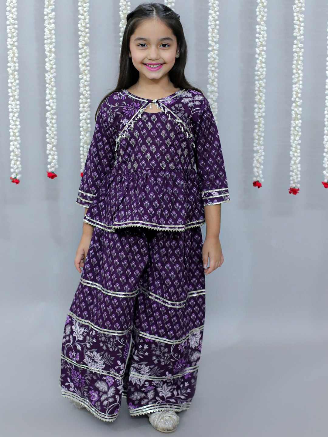 

Ka-mee Girls Ethnic Motifs Printed Pure Cotton Kurti with Sharara & Dupatta, Blue