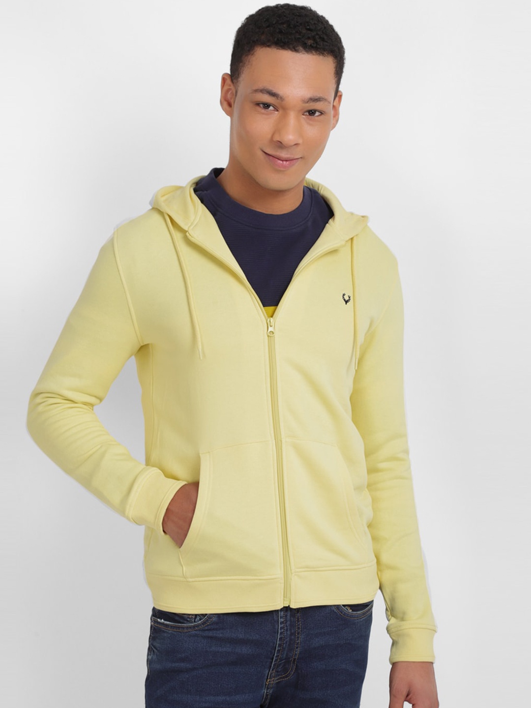 

Allen Solly Hooded Long Sleeves Cotton Front-Open Sweatshirt, Yellow