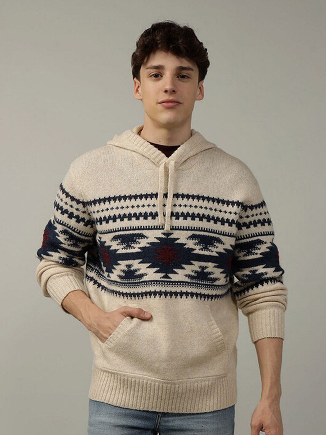 

AMERICAN EAGLE OUTFITTERS Geometric Printed Hooded Pullover Sweater, Beige