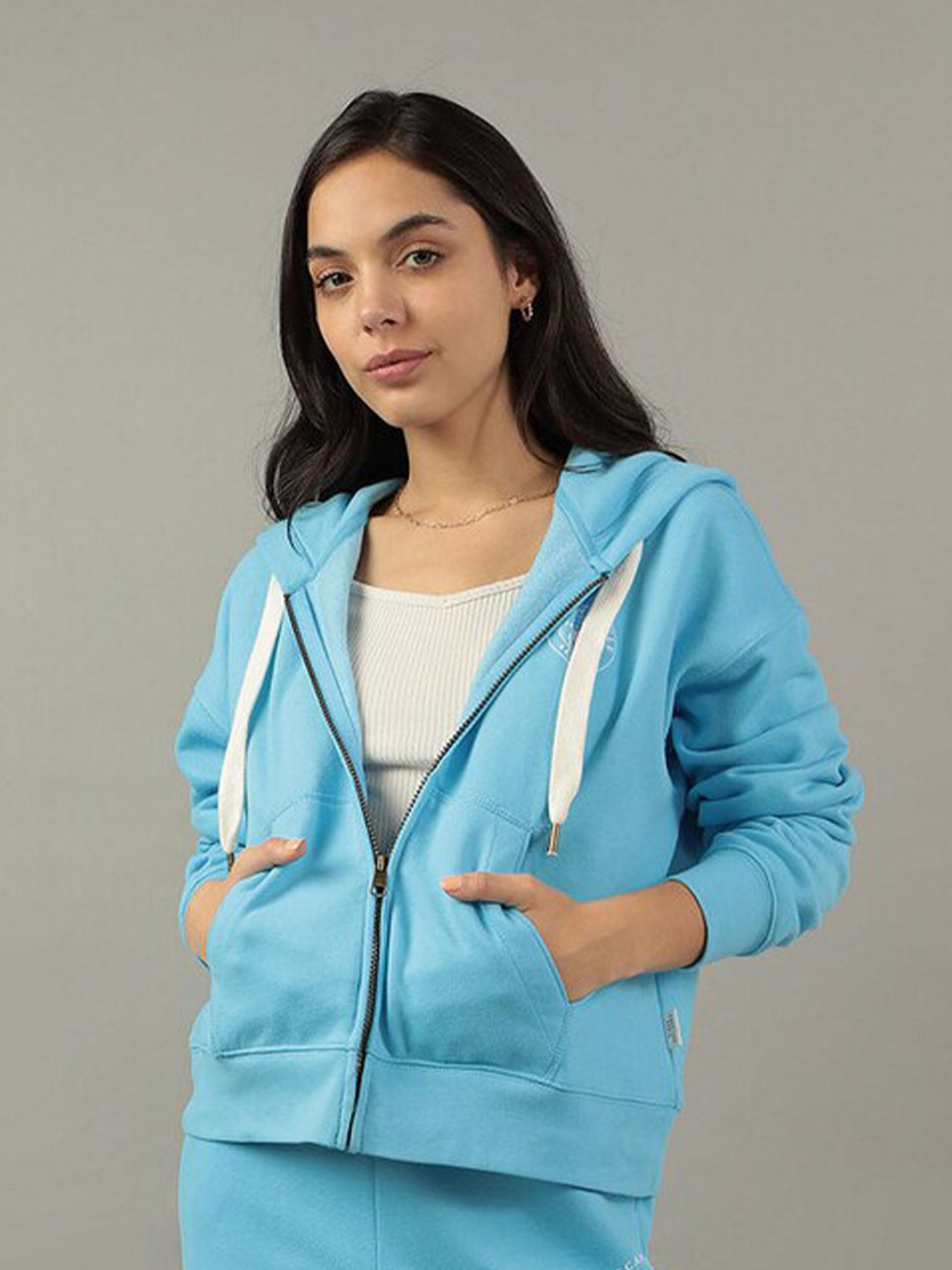 

AMERICAN EAGLE OUTFITTERS Typography Printed Hooded Front-Open Sweatshirt, Blue