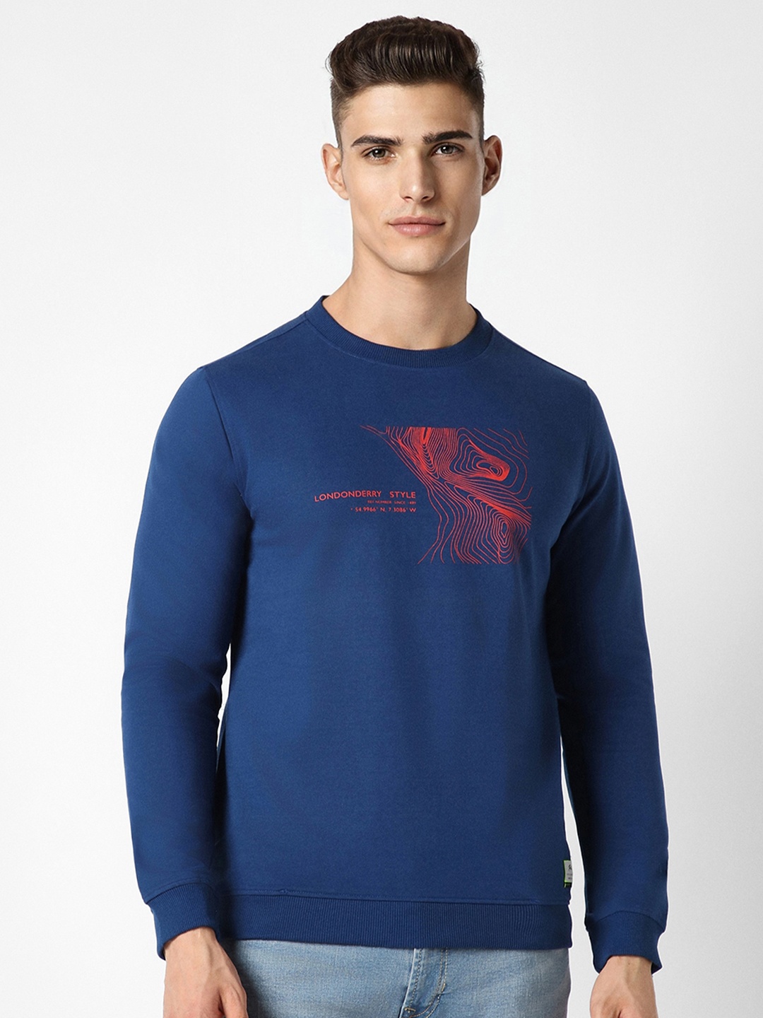 

Peter England Casuals Men Blue Printed Sweatshirt