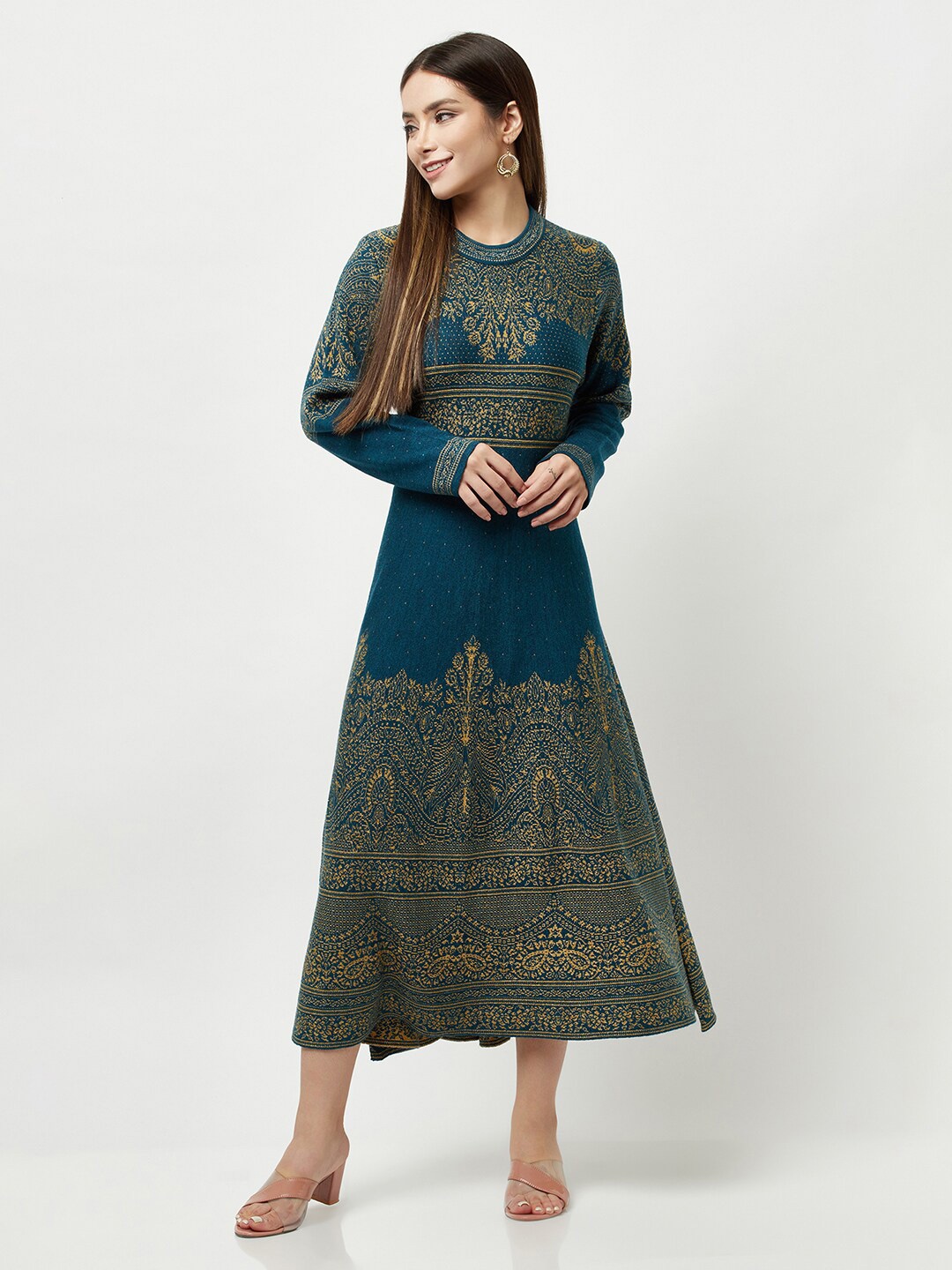 

Knitstudio Ethnic Motif Printed Anarkali Pure Wool Midi Ethnic Dress, Teal