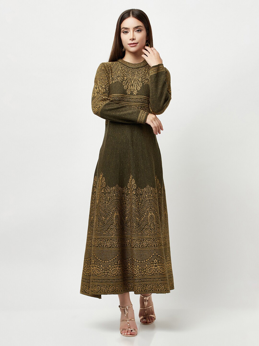 

Knitstudio Ethnic Motif Printed Anarkali Ethnic Dress, Olive