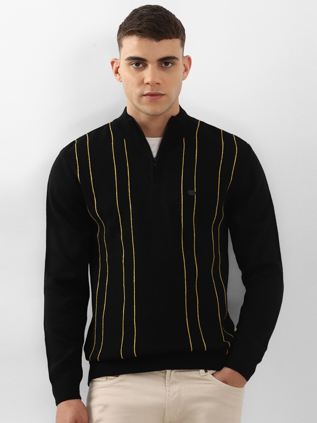 

Peter England Casuals Striped Mock Collar Long Sleeve Cotton Pullover Sweater, Black