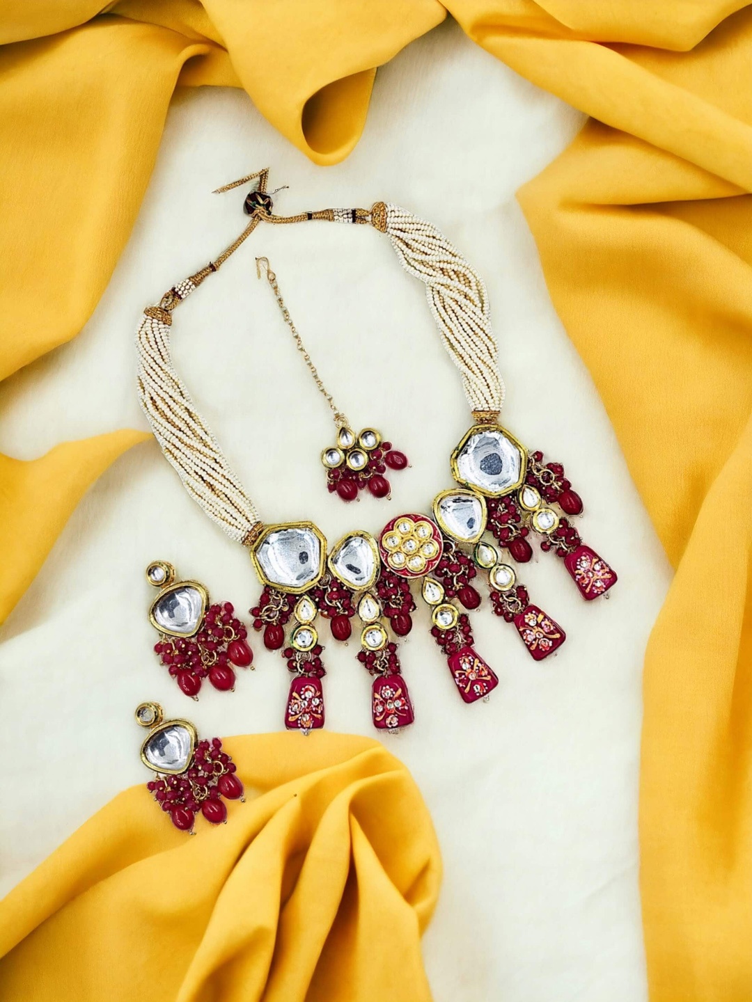 

Anouk Gold-Plated Kundan Studded & Beaded Necklace with Earrings & Maang Tika