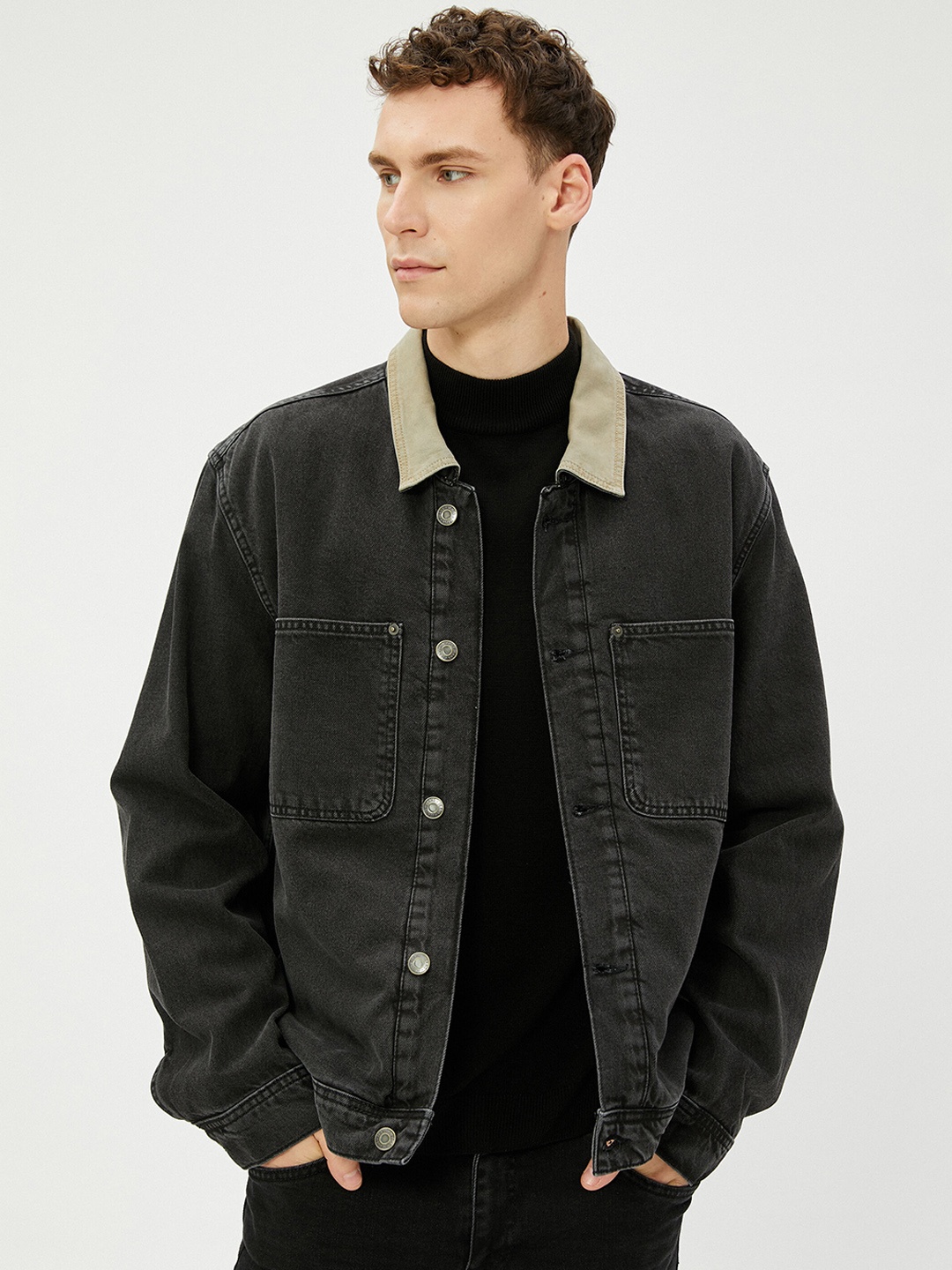 

Koton Spread Collar Cotton Denim Jacket, Black