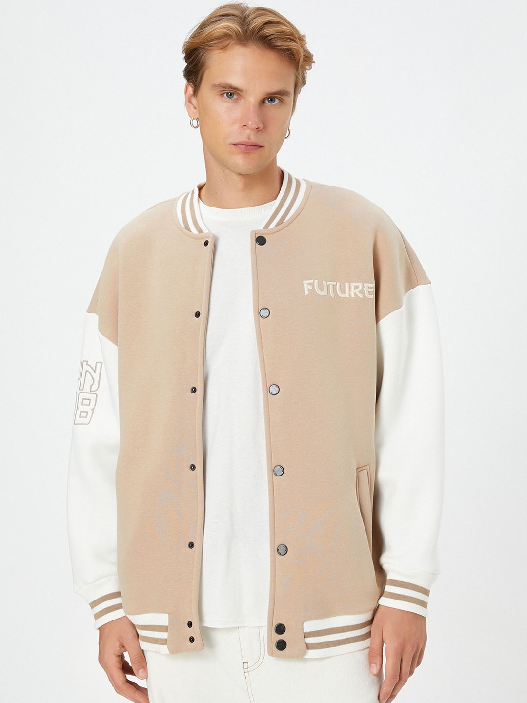 

Koton Stand Collar Varsity Jacket, Beige