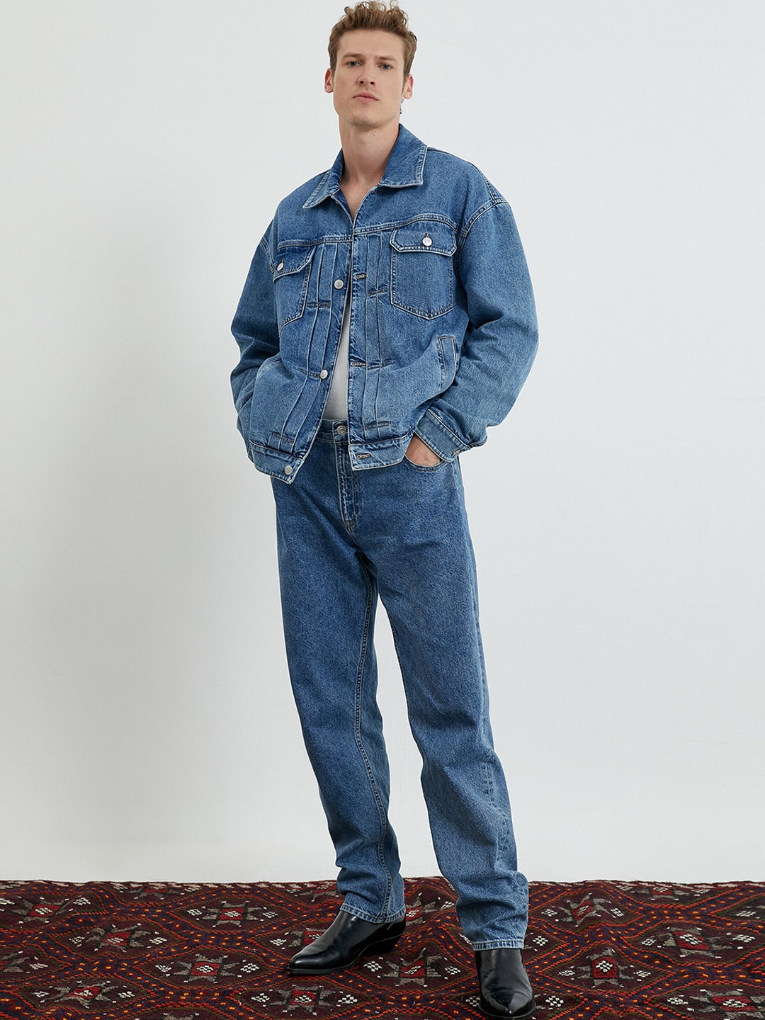 

Koton Spread Collar Washed Denim Jacket With Faux Fur Trim, Blue