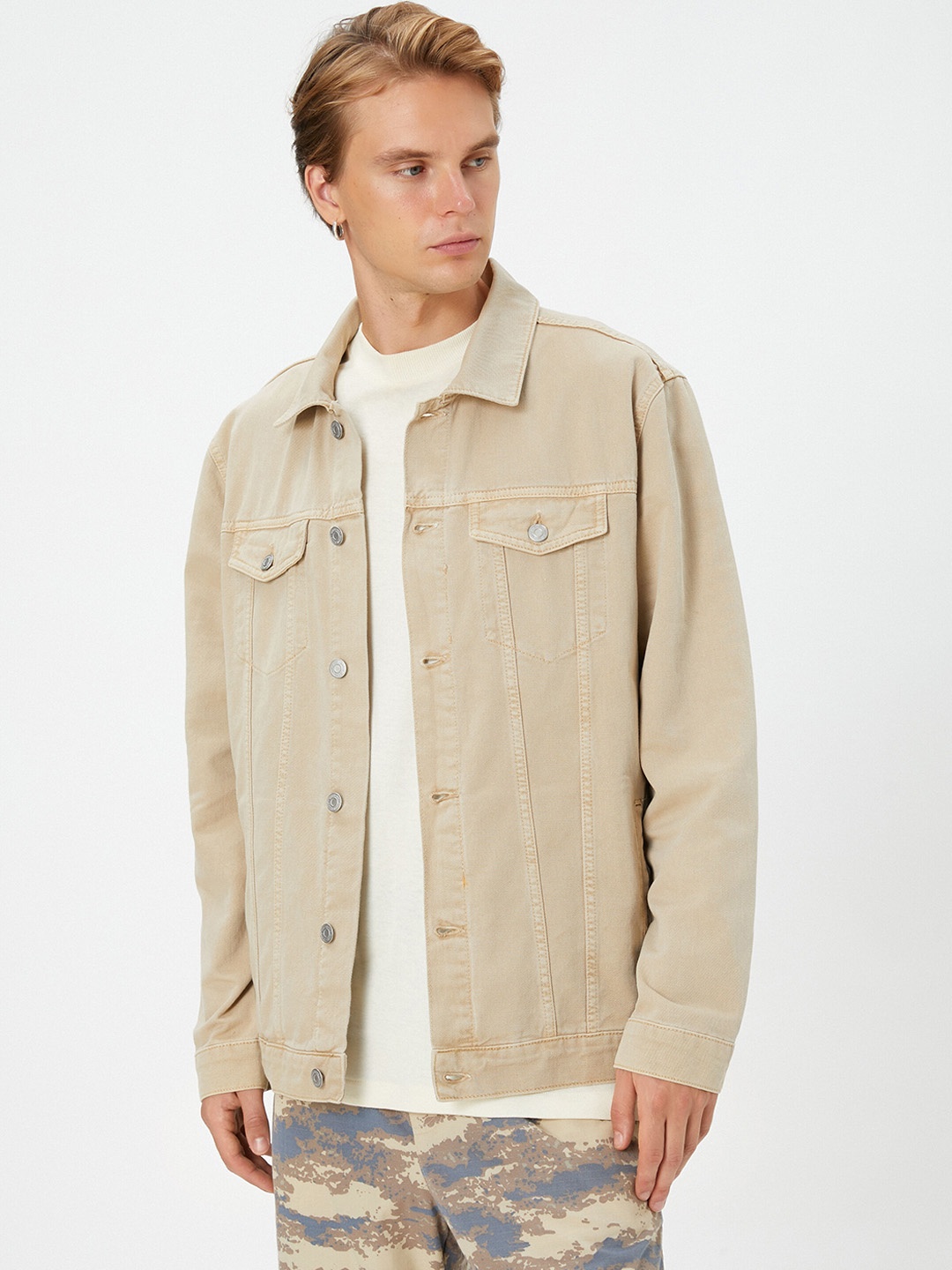 

Koton Spread Collar Cotton Denim Jacket, Beige