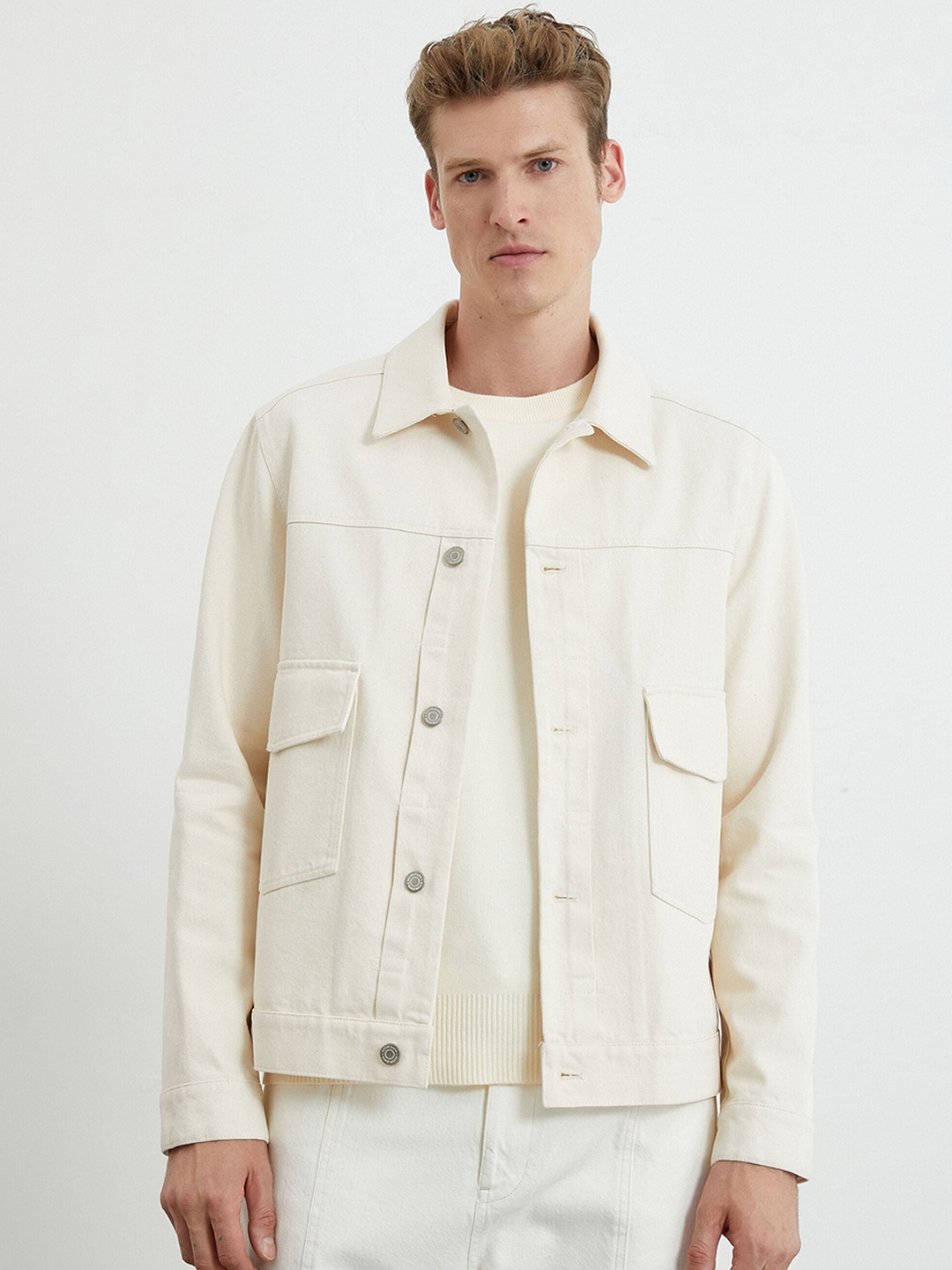 

Koton Spread Collar Cotton Denim Jacket, Beige