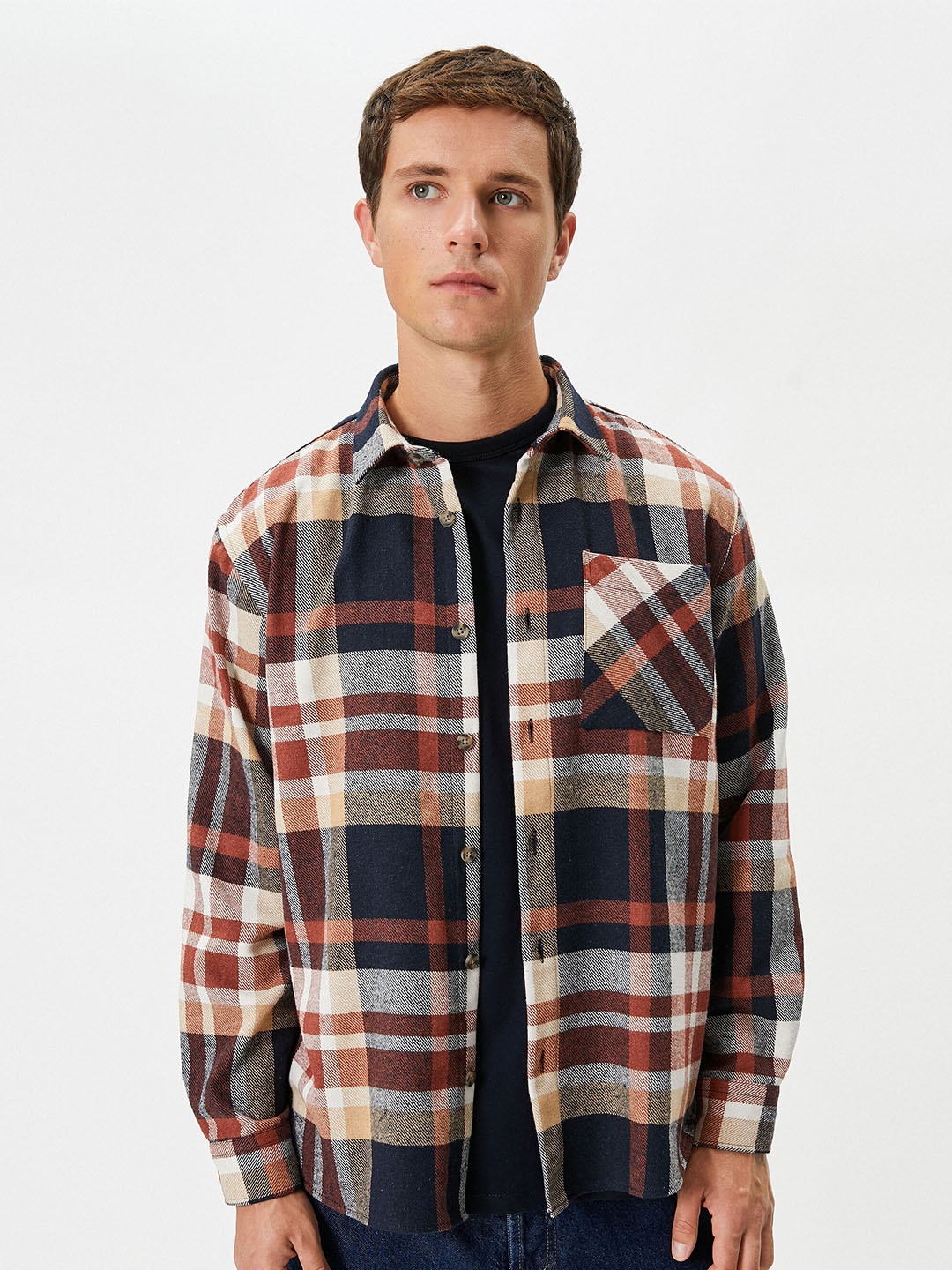 

Koton Tartan Checks Spread Collar Long Sleeves Shacket, Navy blue