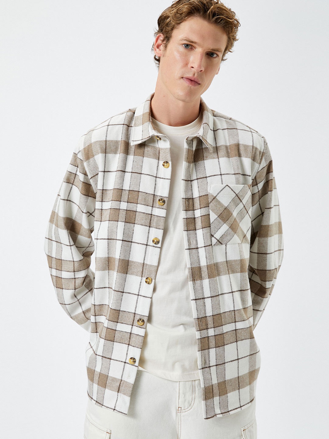 

Koton Tartan Checked Spread Collar Casual Shacket, White