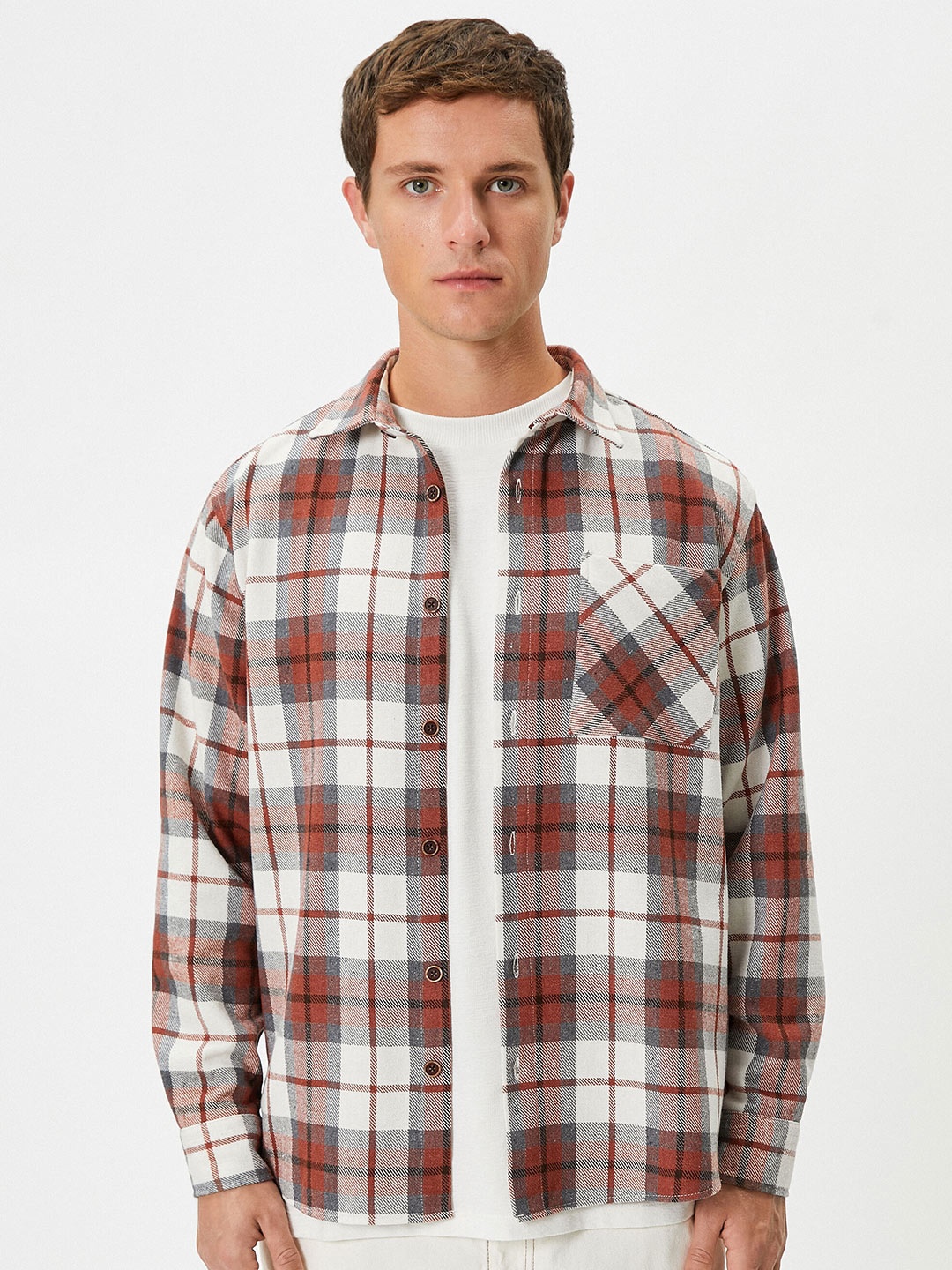 

Koton Tartan Checked Spread Collar Long Sleeves Shacket, Brown