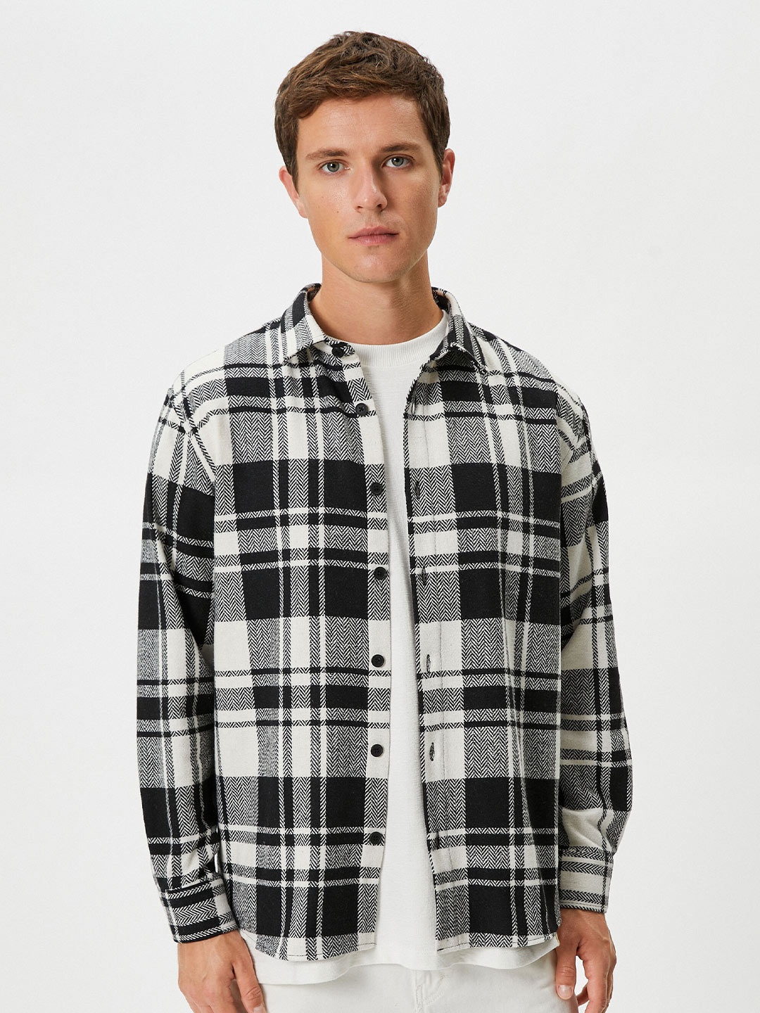 

Koton Tartan Checked Spread Collar Casual Shacket, Black