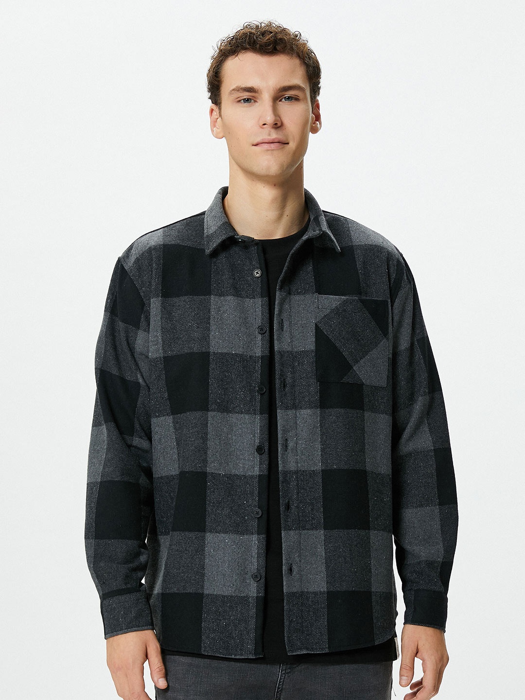 

Koton Buffalo Checked Spread Collar Casual Shacket, Black