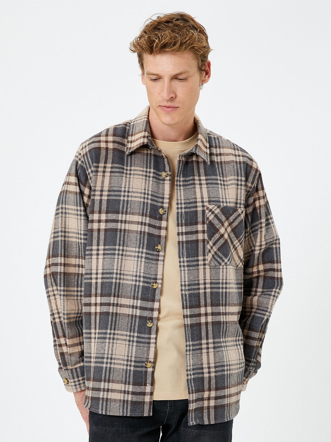 

Koton Tartan Checked Spread Collar Casual Shacket, Beige