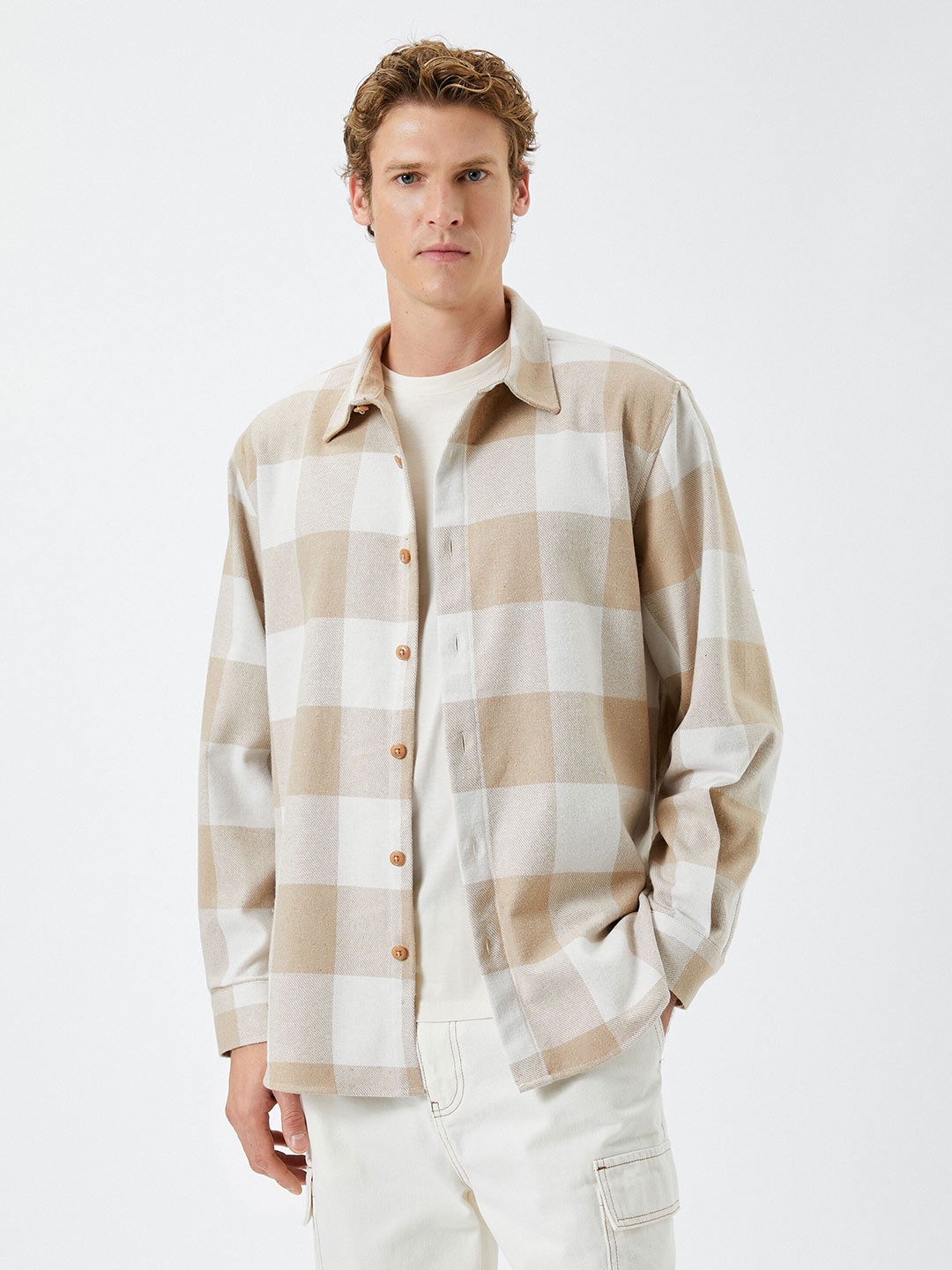 

Koton Checked Spread Collar Casual Shacket, White