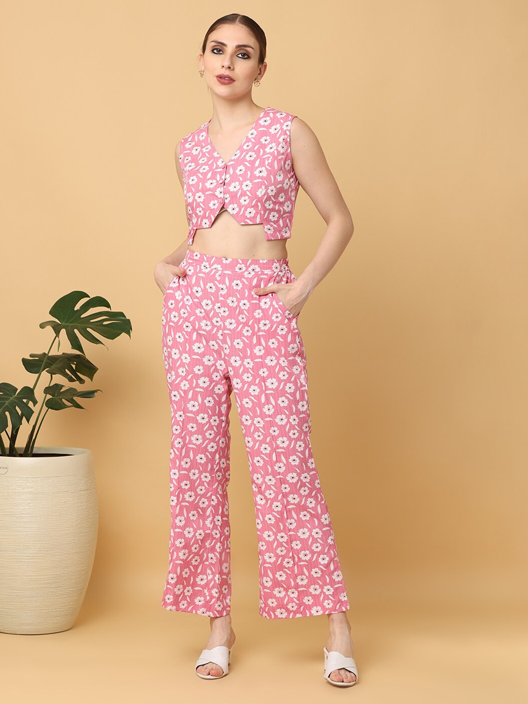 

KALINI Floral Printed V-Neck Sleeveless Crop Top & Trousers, Pink