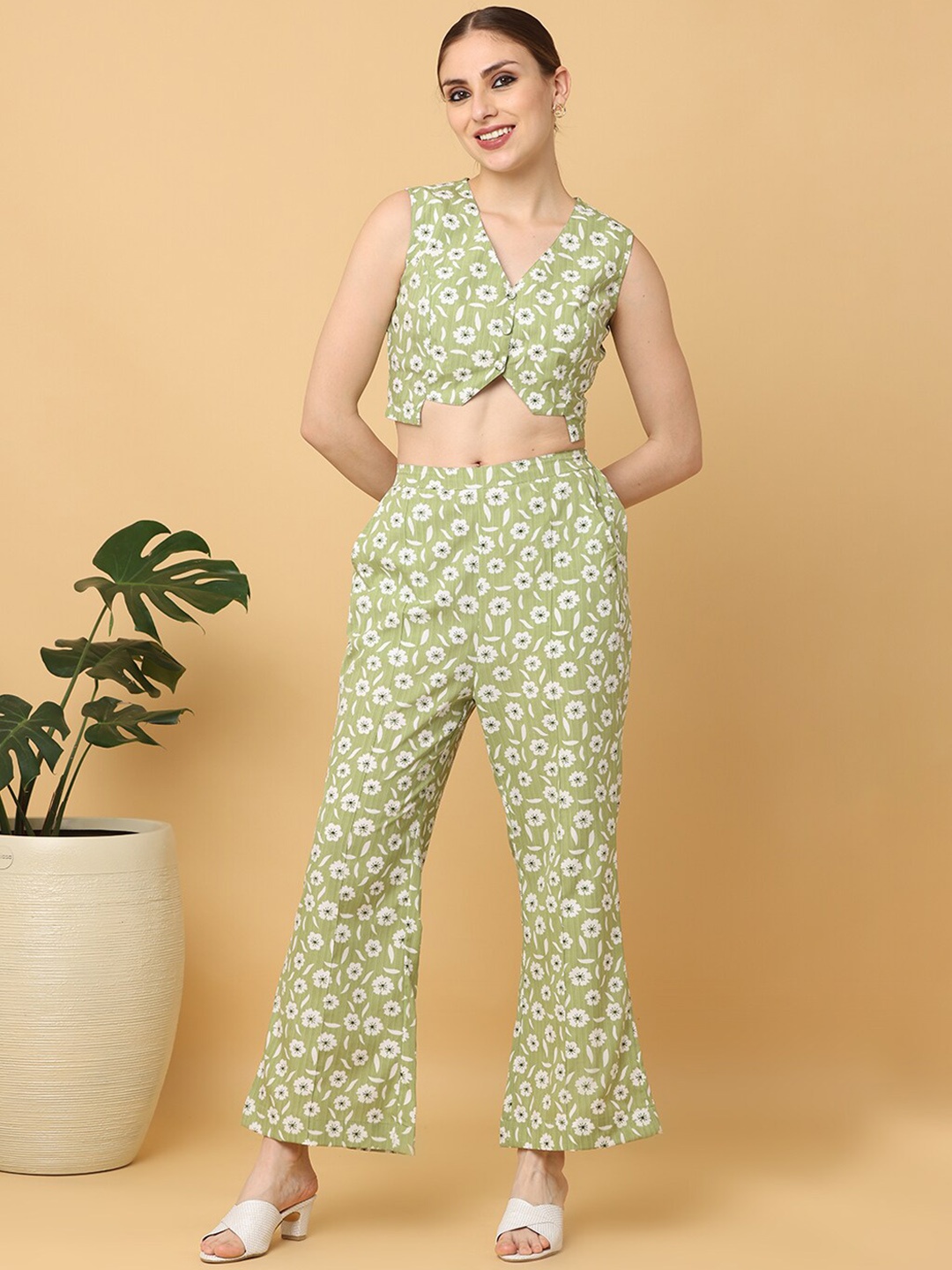 

KALINI Floral Printed Crop Top With Trouser Co-Ords, Green
