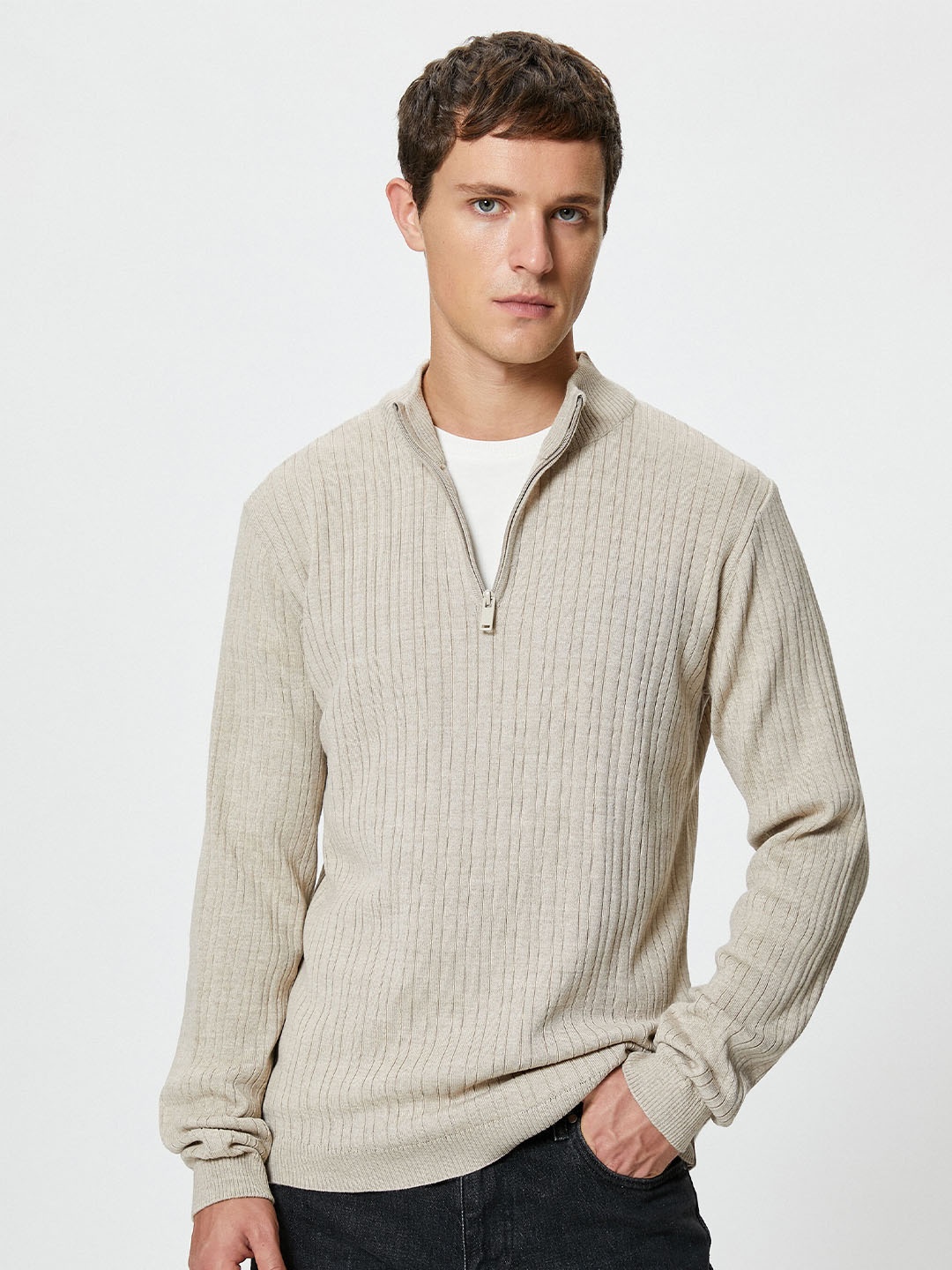 

Koton Ribbed Mock Collar Pullover Sweater, Beige