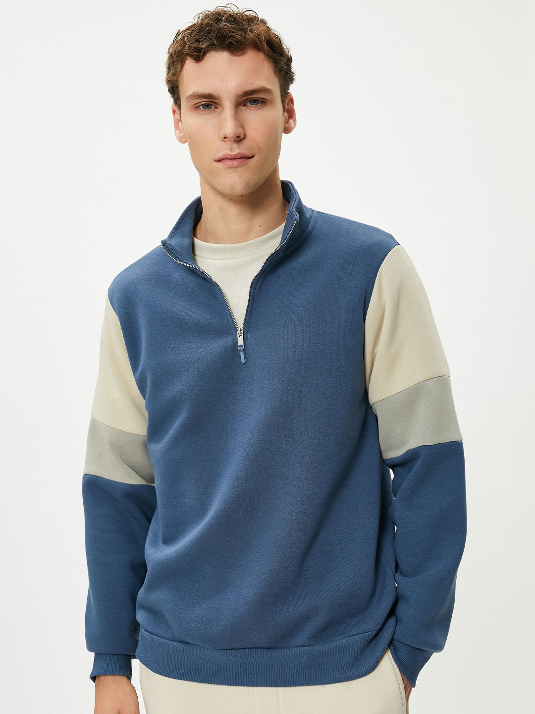 

Koton Mock Collar Half Zipper Pullover Sweatshirt, Blue