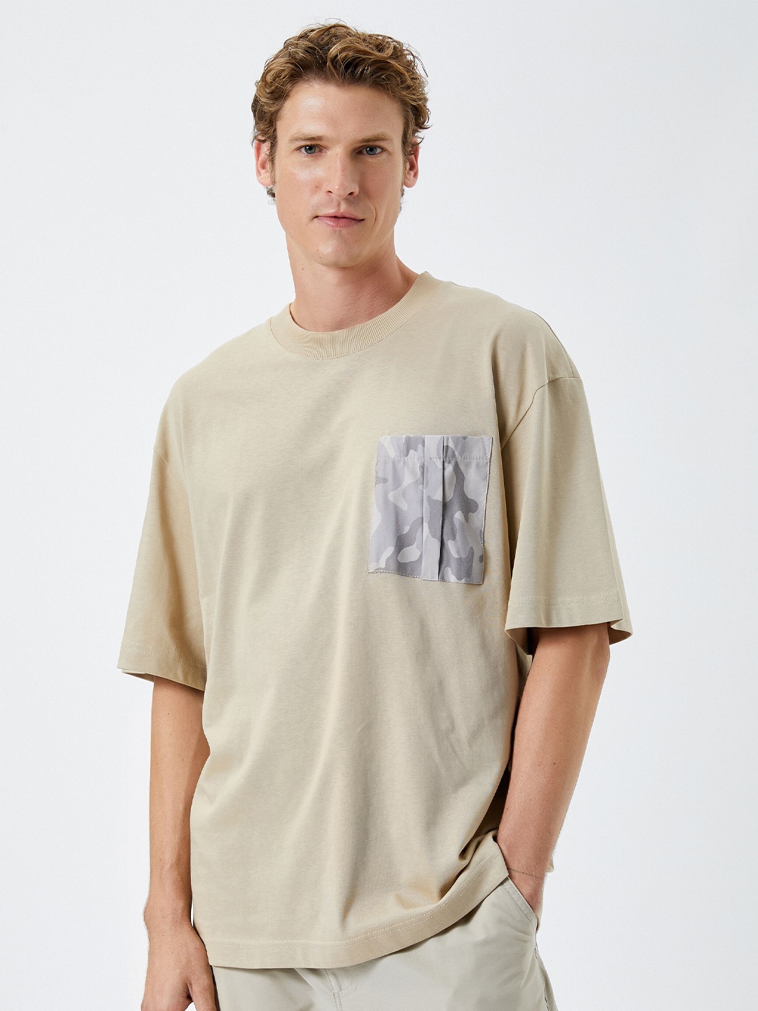 

Koton Round Neck Drop Shoulder Sleeves Pure Cotton T-Shirt, Beige