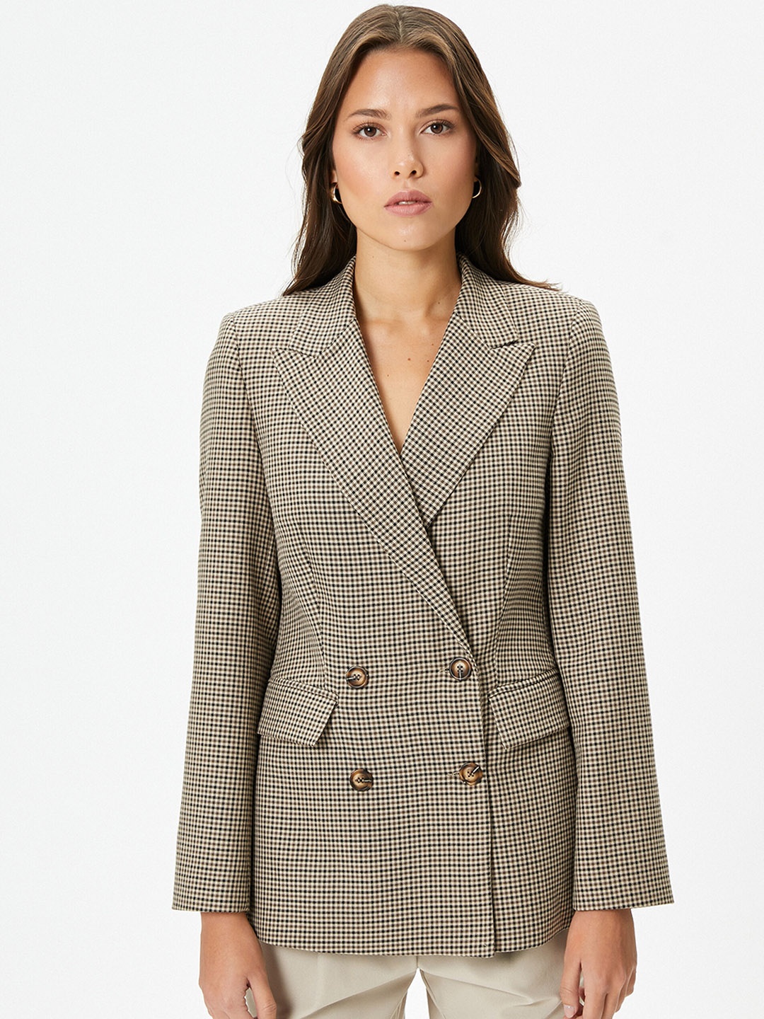 

Koton Checked Peaked Lapel Collar Double Breasted Blazer, Brown