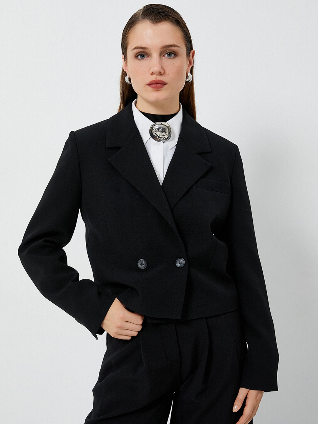

Koton Notched Lapel Double-Breasted Blazer, Black