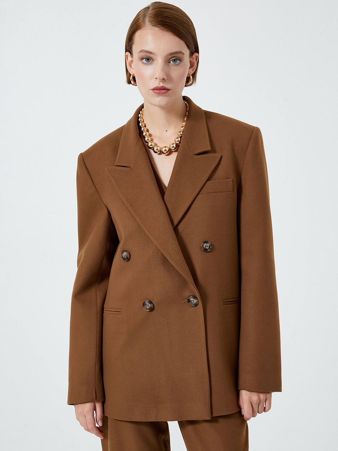 

Koton Notched Lapel Collar Double-Breasted Blazer, Brown