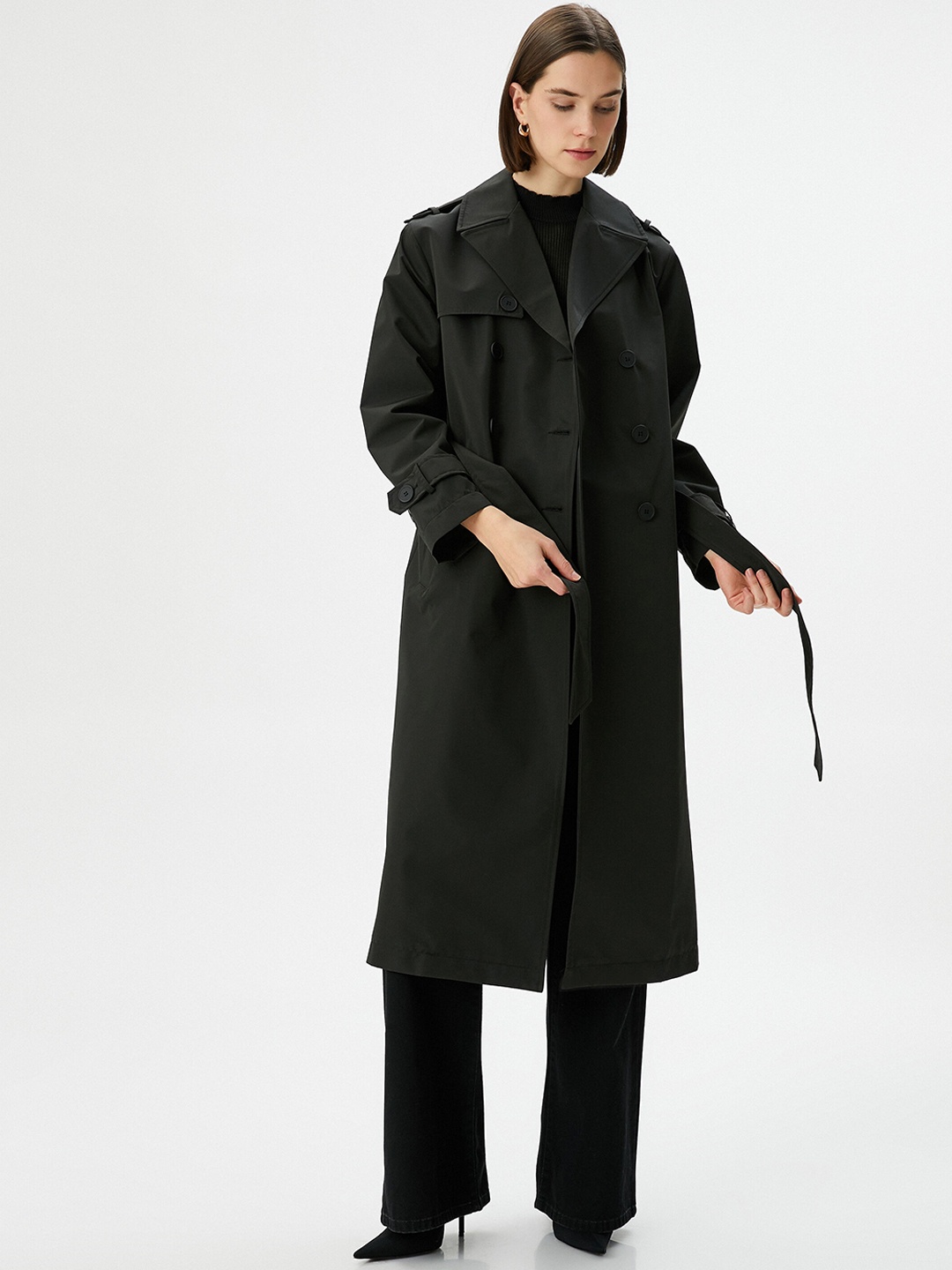 

Koton Longline Notched Lapel Double-Breasted Overcoat, Black