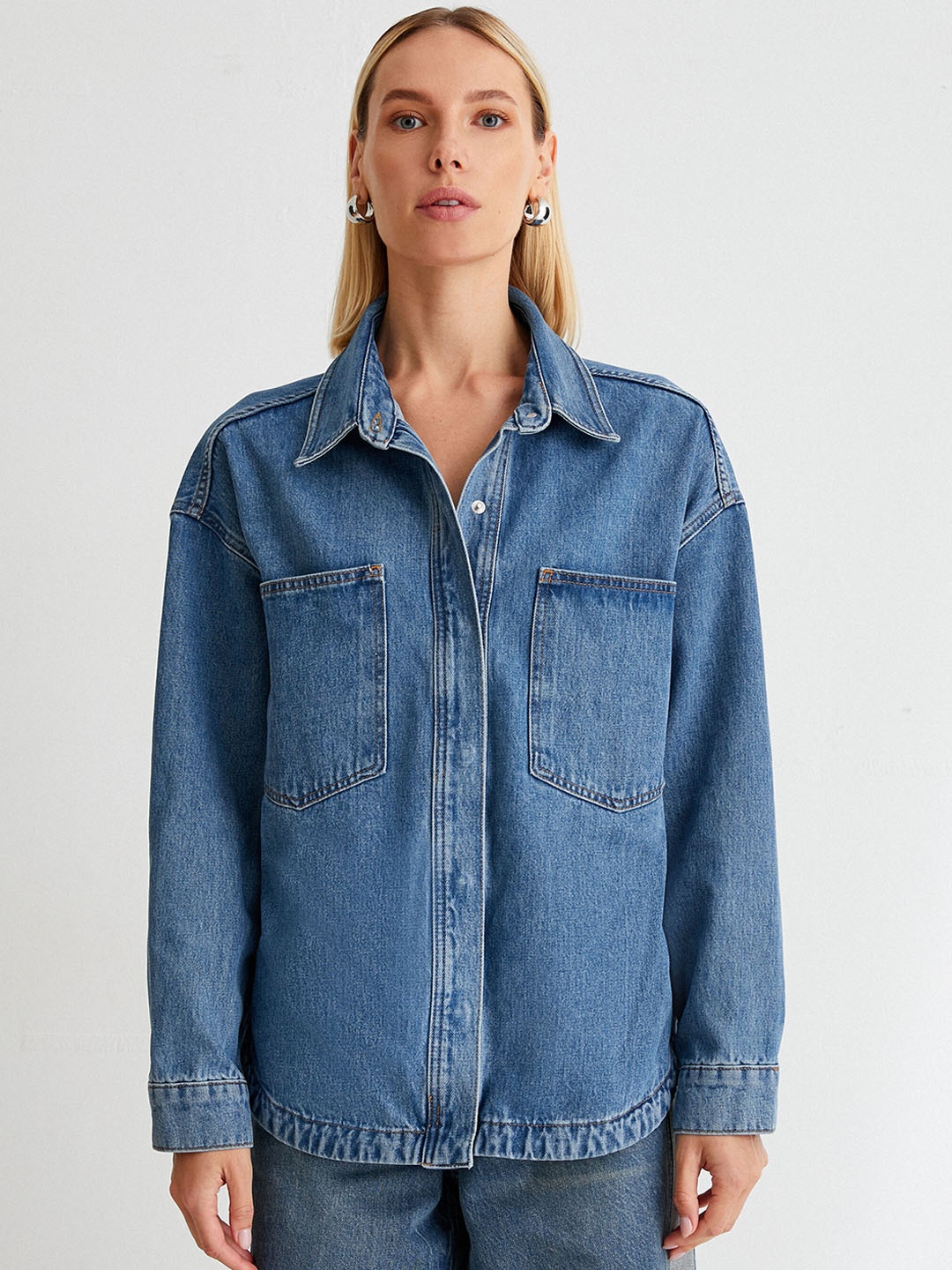 

Koton Spread Collar Cotton Denim Jacket, Blue