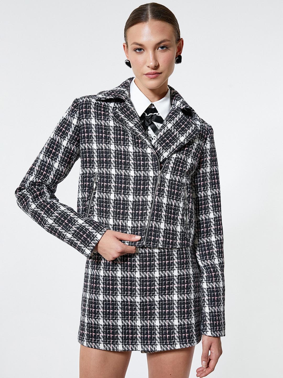 

Koton Checked Lapel Collar Knitted Jacket, Pink