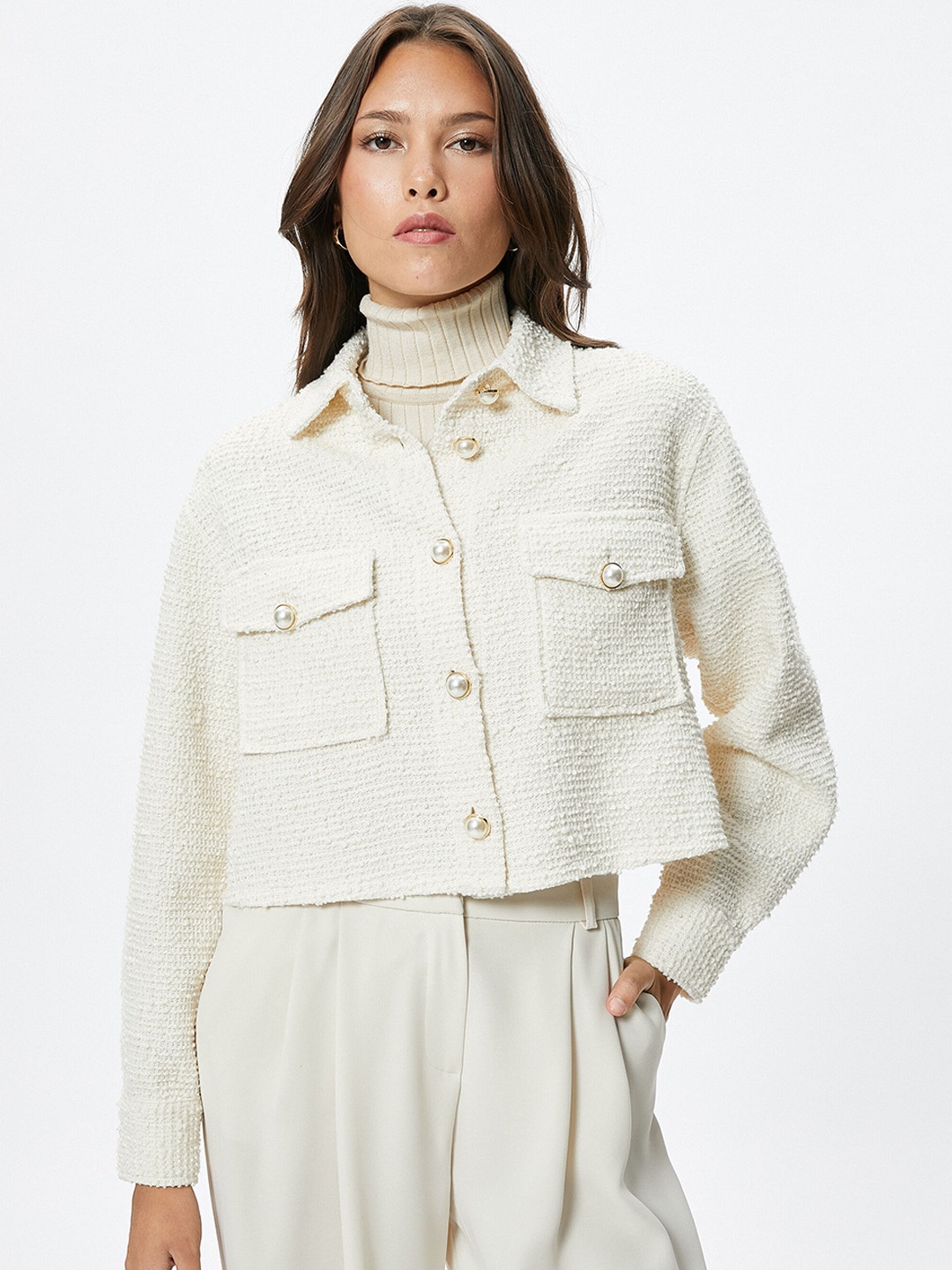 

Koton Spread Collar Knitted Cotton Jacket, Beige