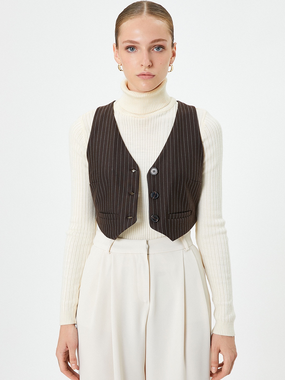 

Koton Striped V-Neck Sleeveless Jacket, Brown