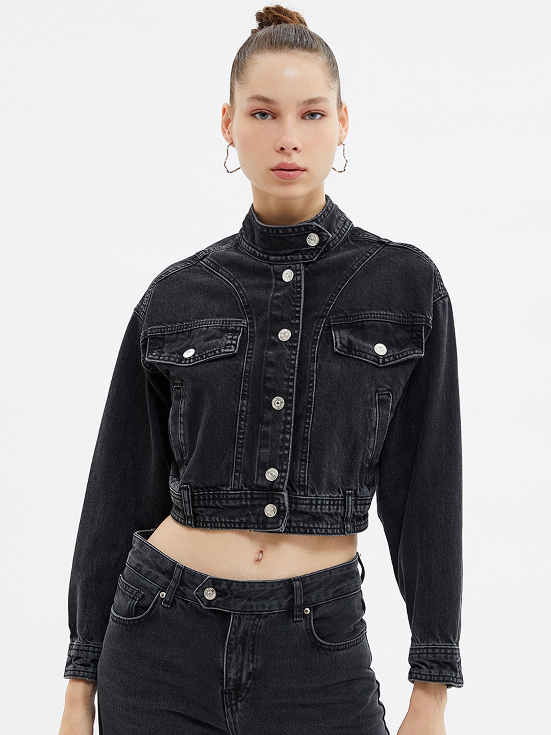 

Koton Mandarin Collar Cotton Denim Jacket, Black