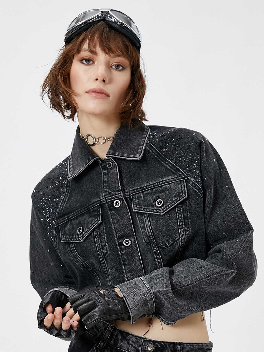

Koton Spread Collar Washed Studded Denim Jacket, Black