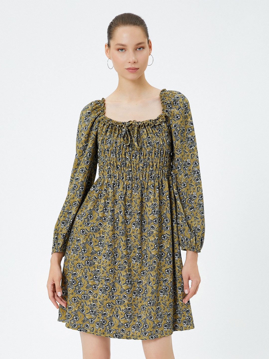 

Koton Floral Printed Square Neck Puff Sleeve Smocked Fit & Flare Dress, Olive