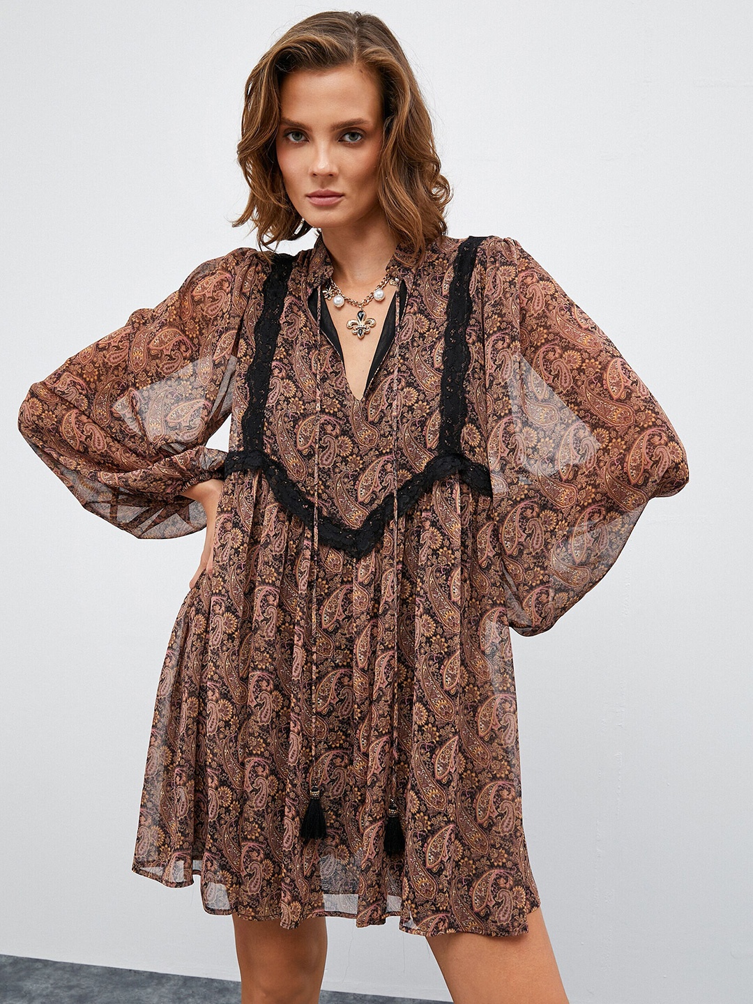 

Koton Ethnic Motifs Printed A-Line Dress, Brown