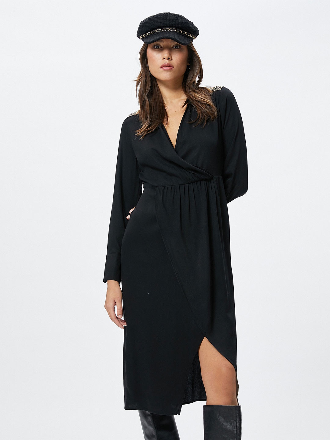 

Koton Cuffed Sleeves Wrap Midi Dress, Black