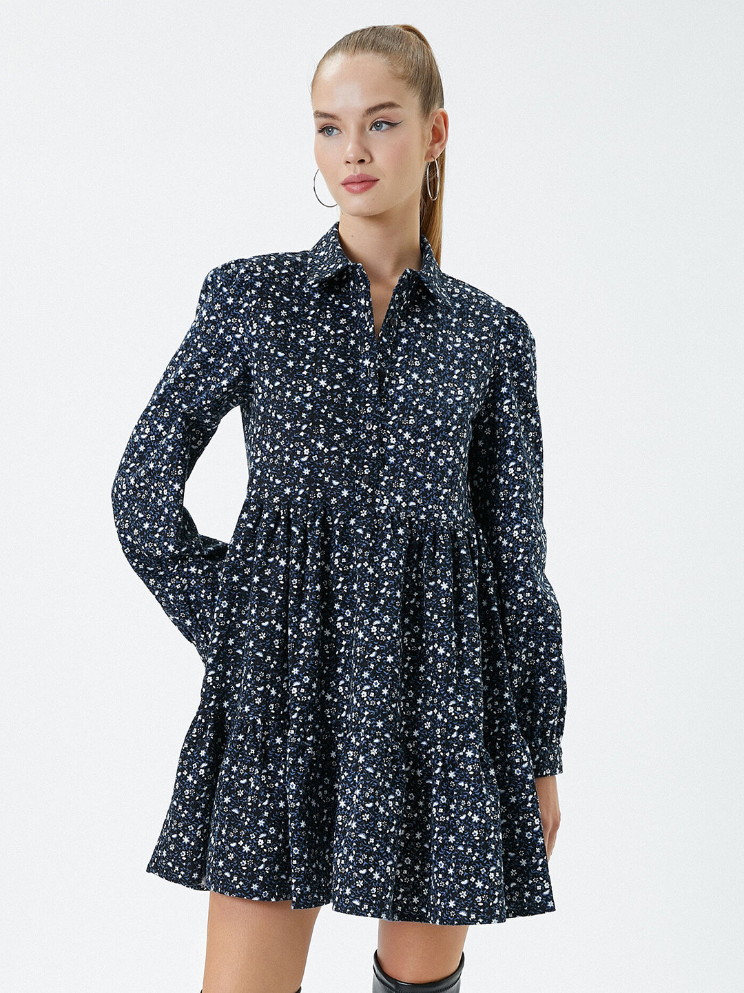 

Koton Floral Printed Cotton A Line Mini Dress, Blue